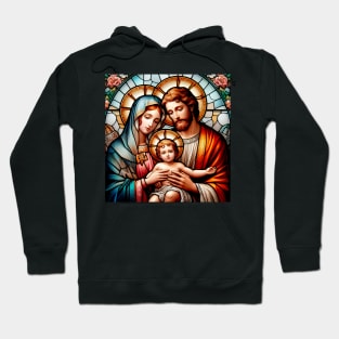 Christian stained glass of the Biblical Holy Family: Saint Joseph, Our Lady and the Child Jesus Hoodie